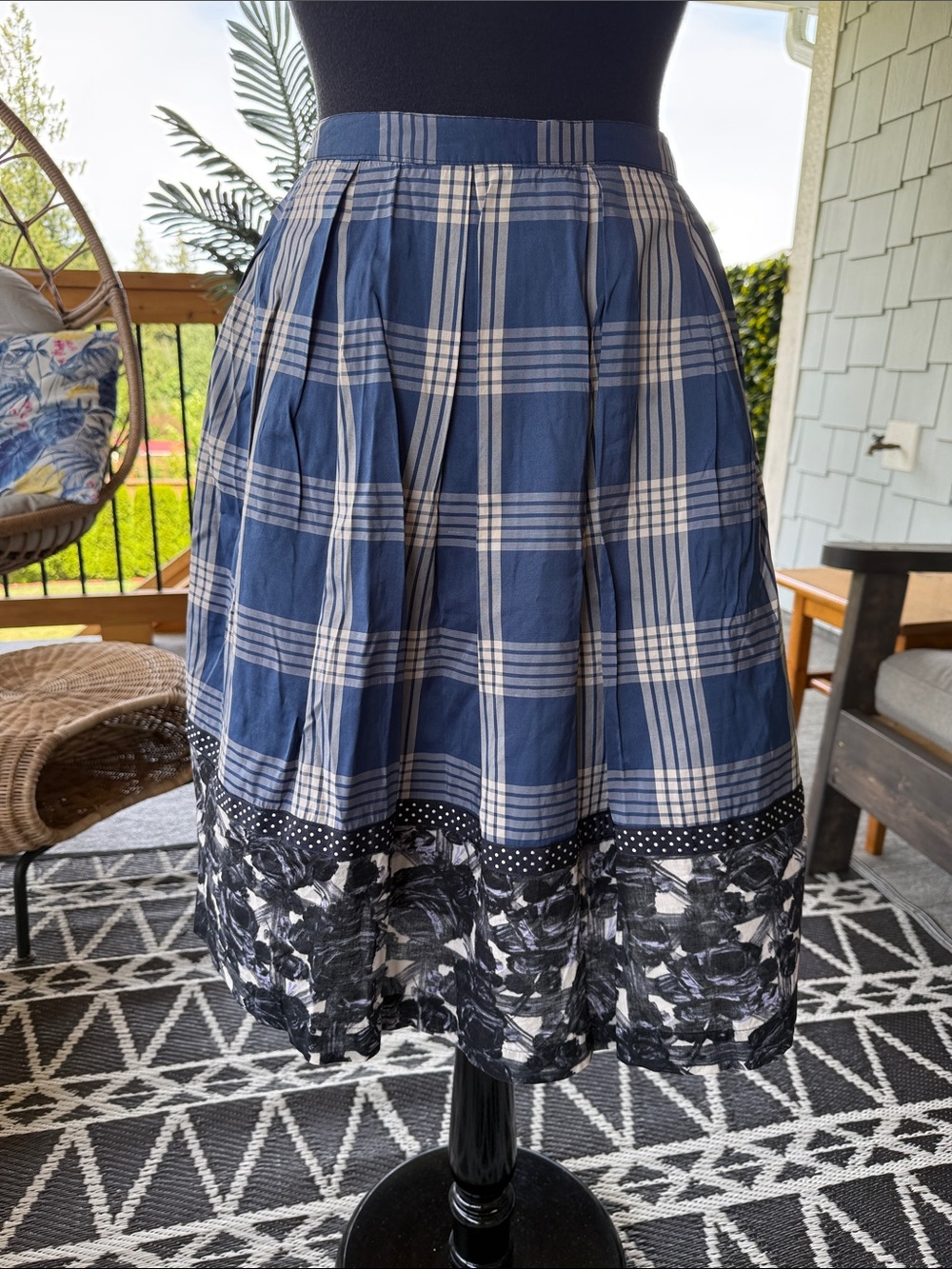 Noa Noa | Blue Plaid Viscose Skirt w Contrast Floral  Cotton Hem